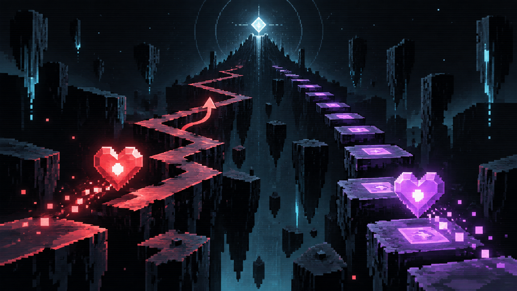 Red and purple pixel hearts following different paths toward the same distant light